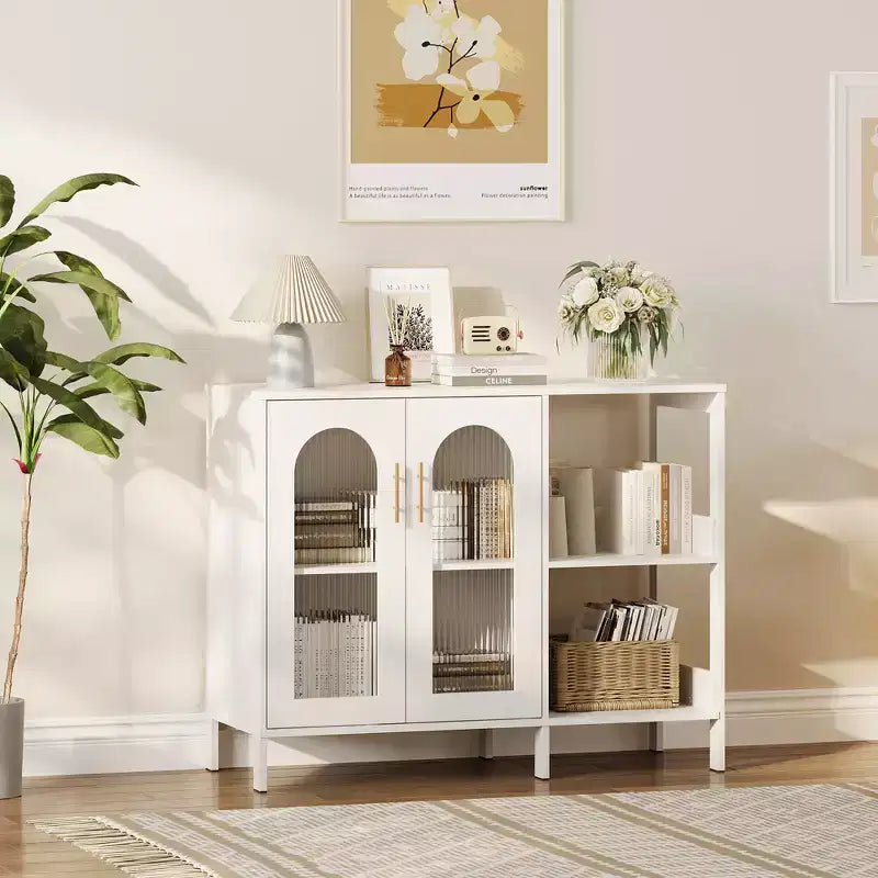 Buffet de 101,6 cm avec portes vitrées, meuble de rangement à étagères ouvertes à 2 niveaux pour salle à manger, cuisine, salon