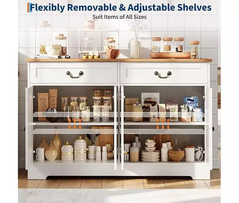 Buffet bahut de style moderne rustique de 145 cm avec 2 tiroirs et étagères réglables, organisateur de bar à café pour salle à manger et salon