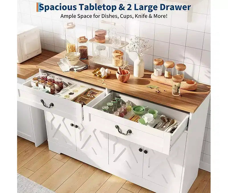 Buffet bahut de style moderne rustique de 145 cm avec 2 tiroirs et étagères réglables, organisateur de bar à café pour salle à manger et salon