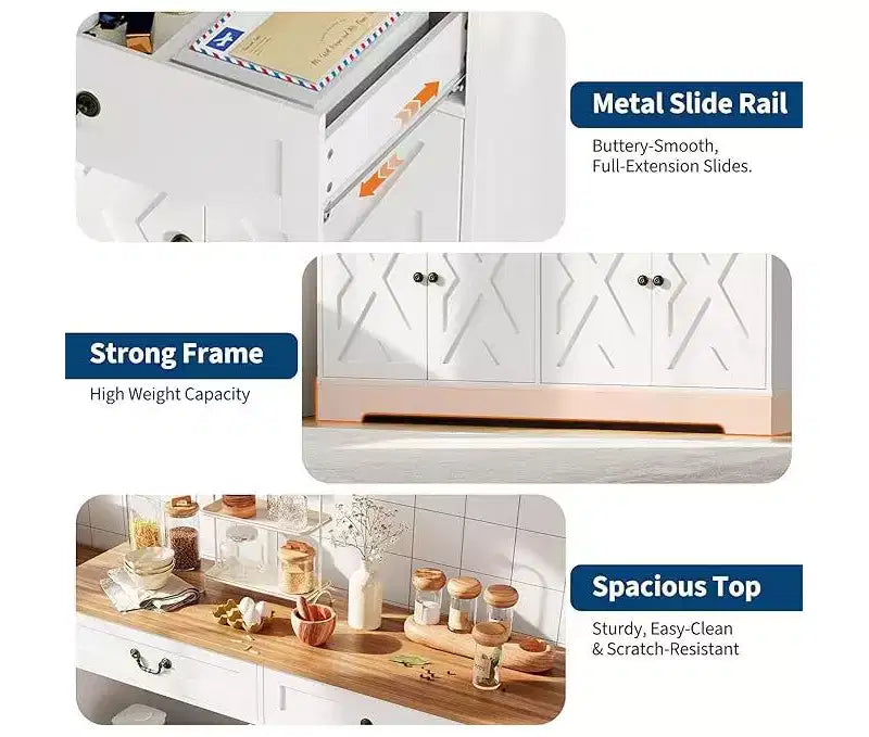 Buffet bahut de style moderne rustique de 145 cm avec 2 tiroirs et étagères réglables, organisateur de bar à café pour salle à manger et salon
