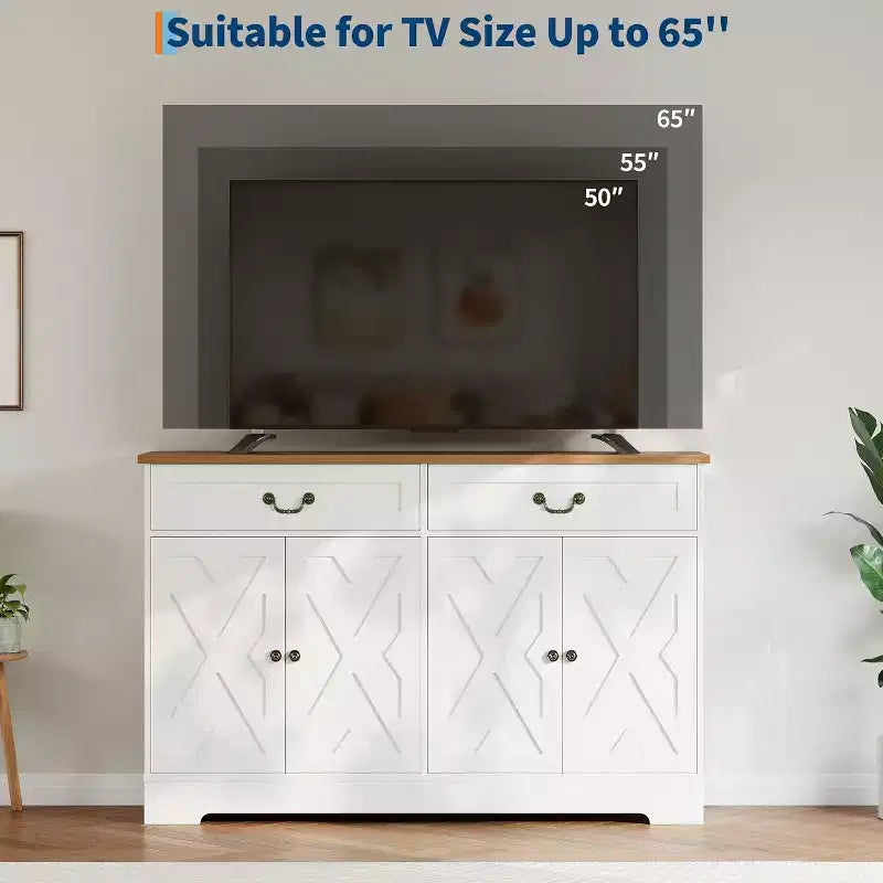 Buffet bahut de style moderne rustique de 145 cm avec 2 tiroirs et étagères réglables, organisateur de bar à café pour salle à manger et salon