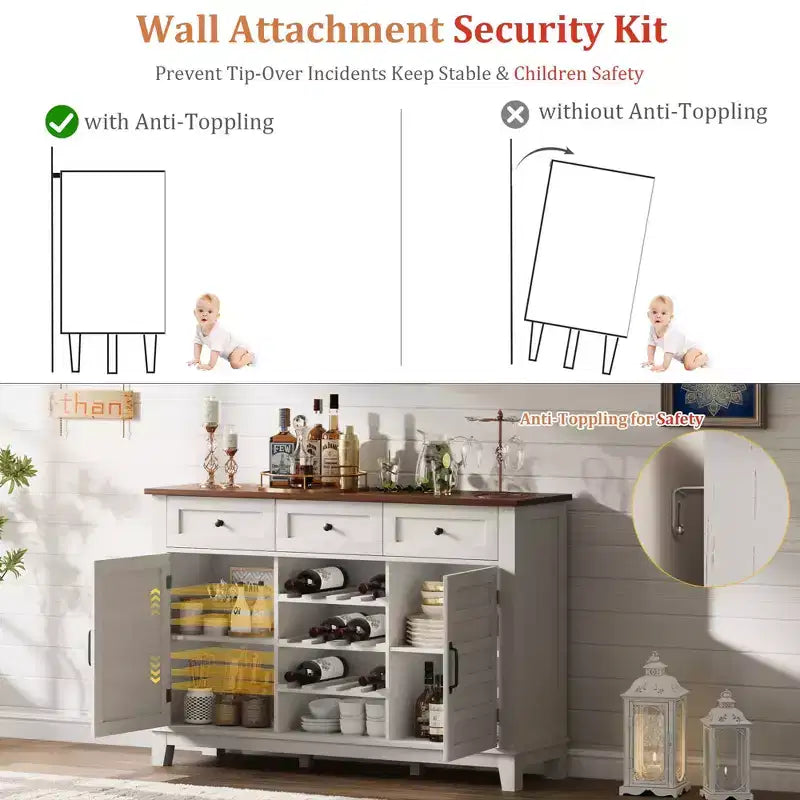 Buffet de ferme de 135,9 cm avec rangement, armoire de rangement avec 3 tiroirs, casier à vin réversible, buffet de ferme avec étagère réglable