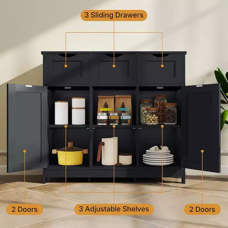 Buffet de ferme moderne avec tiroir et étagère réglable, meuble de rangement de cuisine et bar à café pour salle à manger, noir