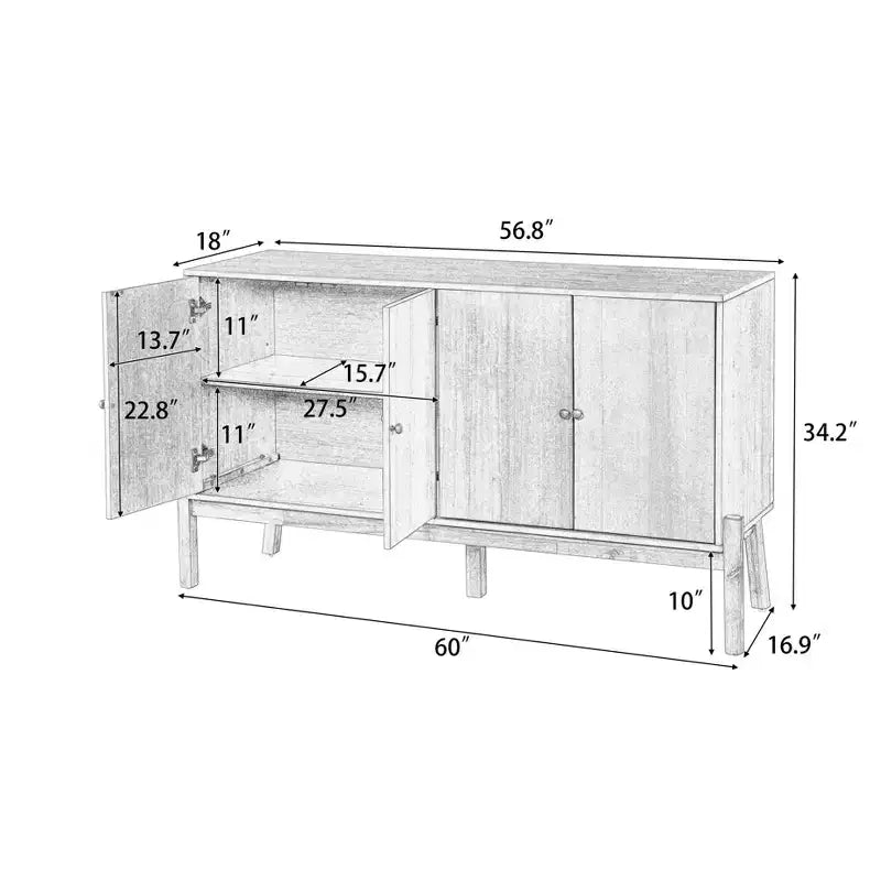 Buffet Bahut Vintage Burns avec meuble de rangement à 4 portes et poignées métalliques