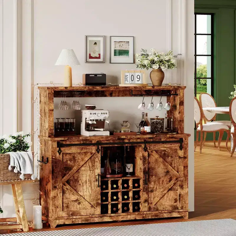 55" Meuble de bar à café de ferme avec lumières - Grand buffet avec portes coulissantes, étagère à vin, étagères réglables pour cuisine, salle à manger