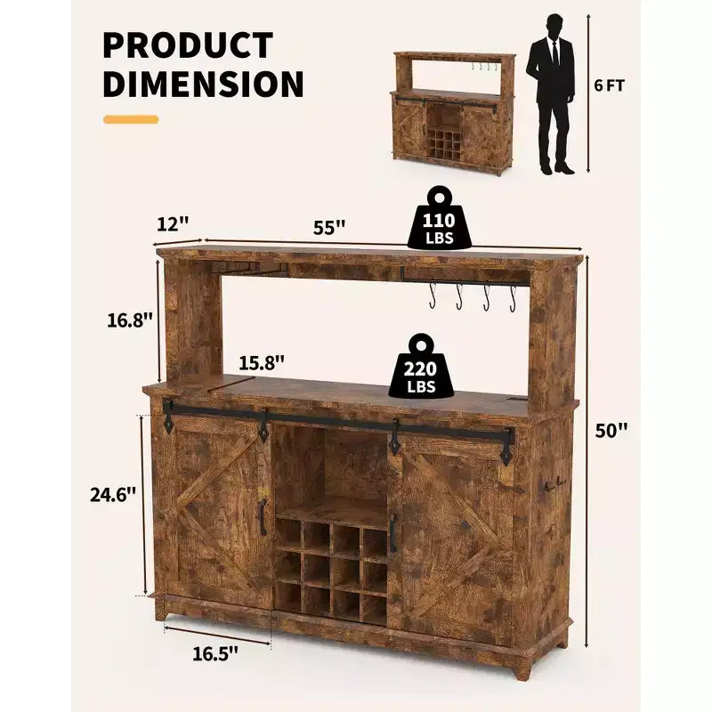 55" Meuble de bar à café de ferme avec lumières - Grand buffet avec portes coulissantes, étagère à vin, étagères réglables pour cuisine, salle à manger