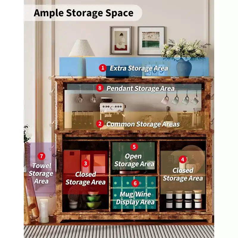 55" Meuble de bar à café de ferme avec lumières - Grand buffet avec portes coulissantes, étagère à vin, étagères réglables pour cuisine, salle à manger