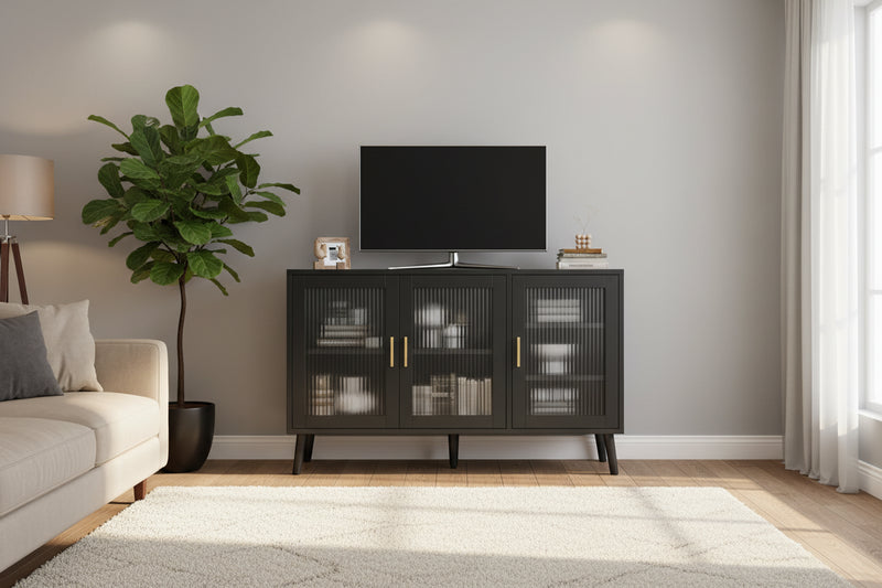 Storage Cabinet with 3 Long Rainbow Glass Doors, Large Capacity Particleboard Sideboard, Modern for Kitchen, Dining, or Living Room Black