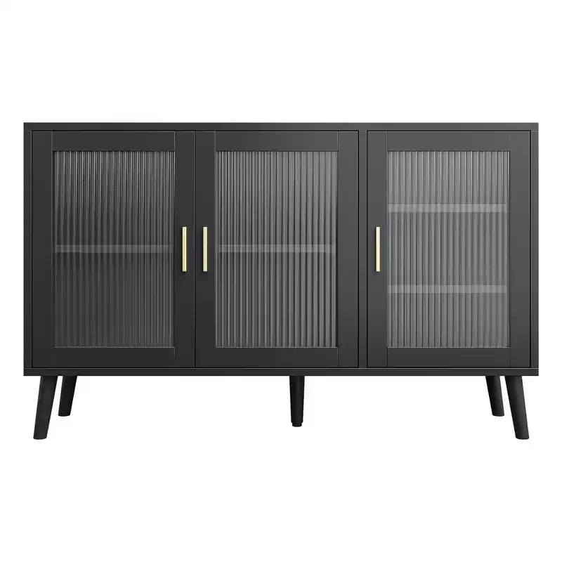 Buffet avec 3 longues portes en verre arc-en-ciel, buffet grande capacité en aggloméré, moderne pour cuisine, salle à manger ou salon, noir