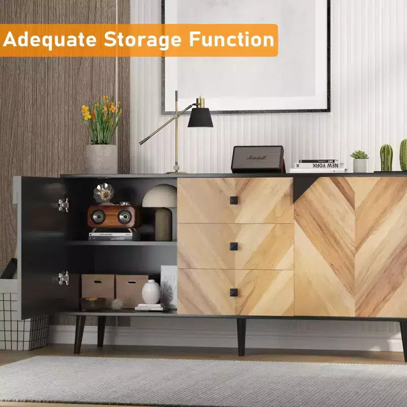 Meuble de rangement en bois de noyer avec 3 tiroirs et 2 portes, 140 cm, meuble d'appoint de rangement contemporain autoportant pour salon, salle à manger