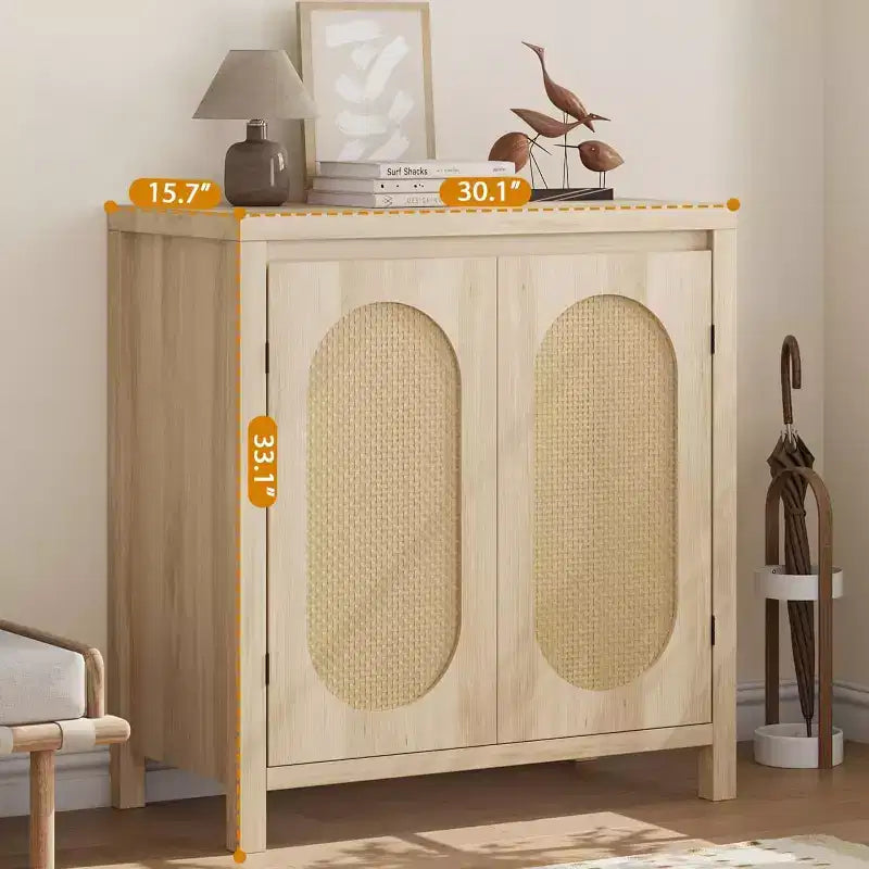 Buffet/Meuble de Rangement Couleur Bois avec Portes en Rotin et Étagère Réglable, Meuble d'Appoint pour Salon