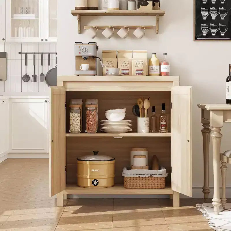 Buffet/Meuble de Rangement Couleur Bois avec Portes en Rotin et Étagère Réglable, Meuble d'Appoint pour Salon