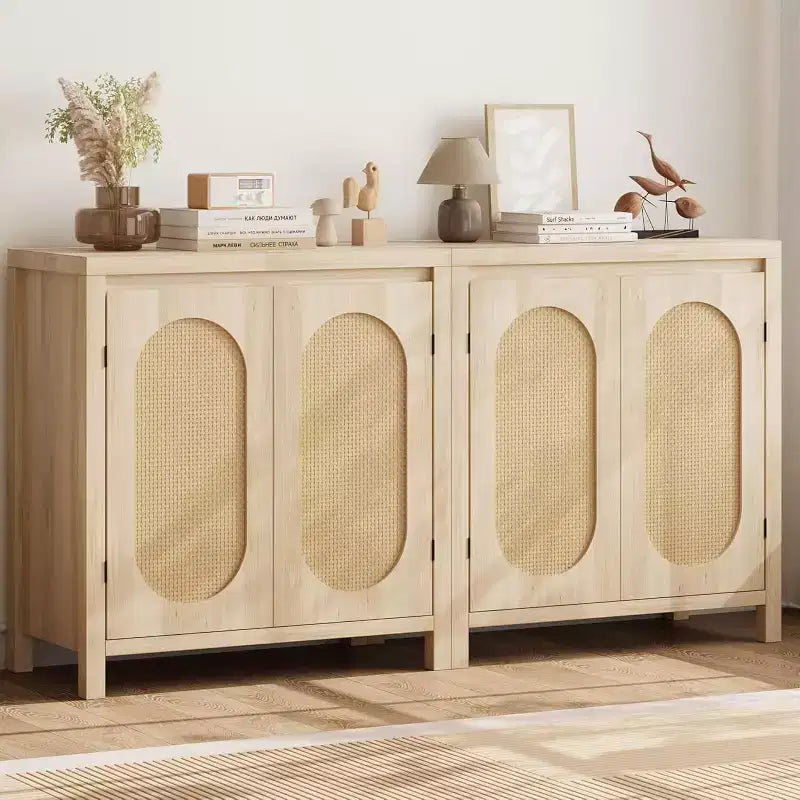 Buffet/Meuble de Rangement Couleur Bois avec Portes en Rotin et Étagère Réglable, Meuble d'Appoint pour Salon