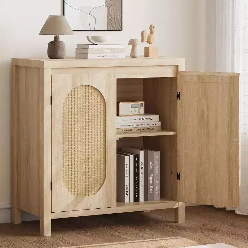 Buffet/Meuble de Rangement Couleur Bois avec Portes en Rotin et Étagère Réglable, Meuble d'Appoint pour Salon
