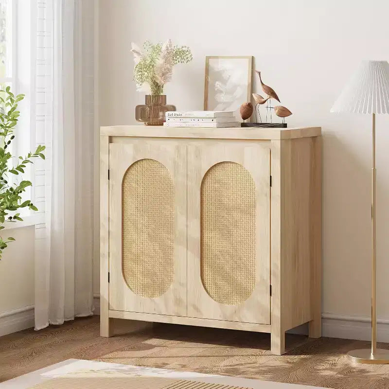 Buffet/Meuble de Rangement Couleur Bois avec Portes en Rotin et Étagère Réglable, Meuble d'Appoint pour Salon
