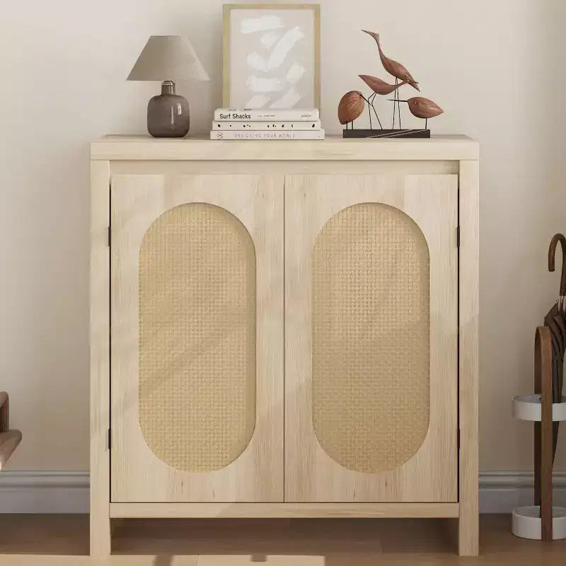 Buffet/Meuble de Rangement Couleur Bois avec Portes en Rotin et Étagère Réglable, Meuble d'Appoint pour Salon