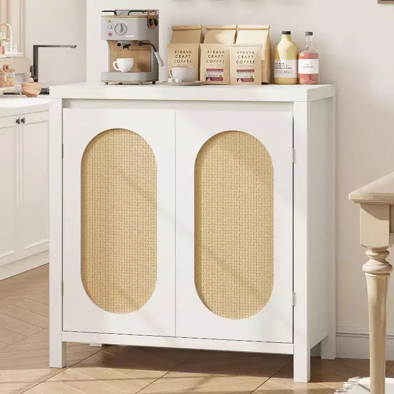 Buffet/Meuble de Rangement Couleur Bois avec Portes en Rotin et Étagère Réglable, Meuble d'Appoint pour Salon