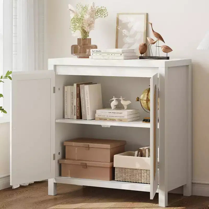 Buffet/Meuble de Rangement Couleur Bois avec Portes en Rotin et Étagère Réglable, Meuble d'Appoint pour Salon