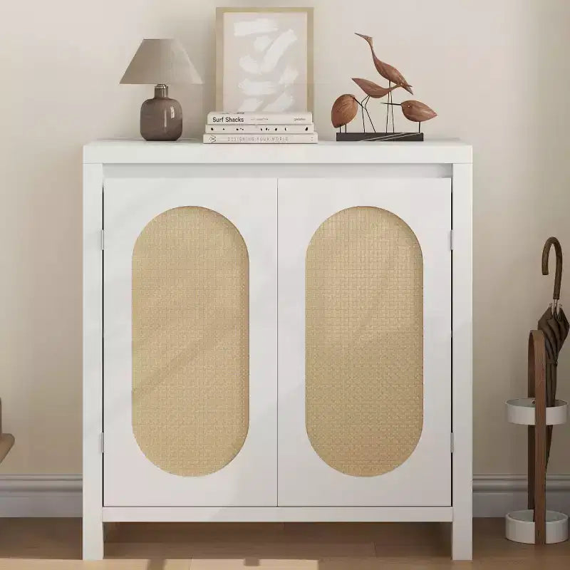 Buffet/Meuble de Rangement Couleur Bois avec Portes en Rotin et Étagère Réglable, Meuble d'Appoint pour Salon