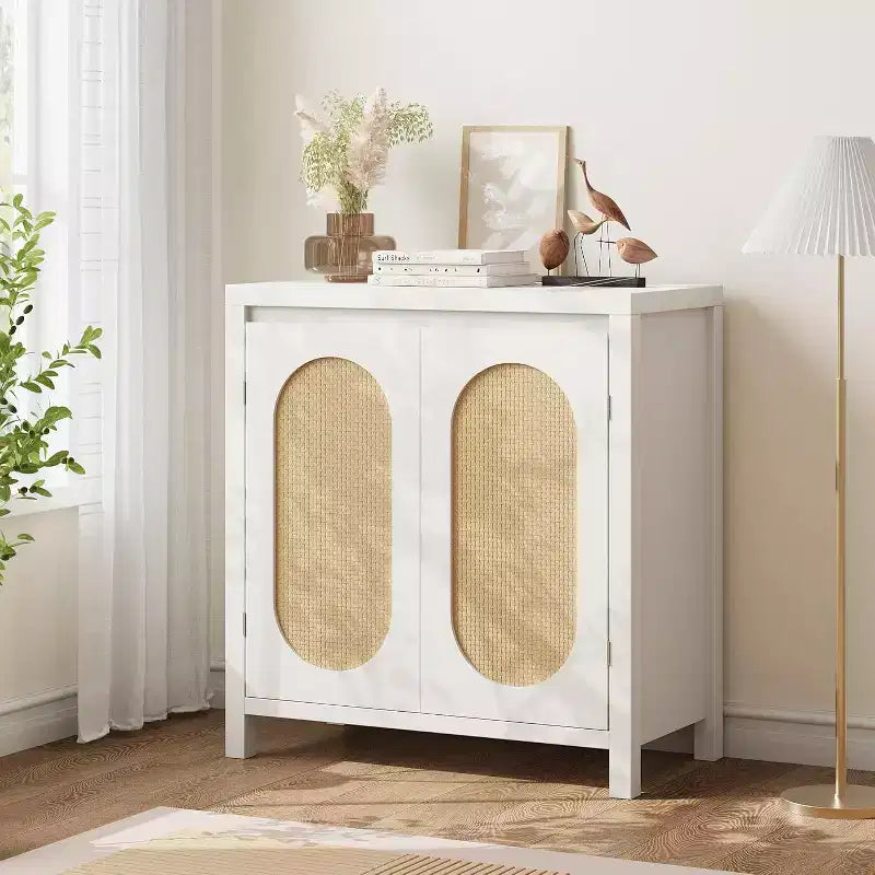 Buffet/Meuble de Rangement Couleur Bois avec Portes en Rotin et Étagère Réglable, Meuble d'Appoint pour Salon