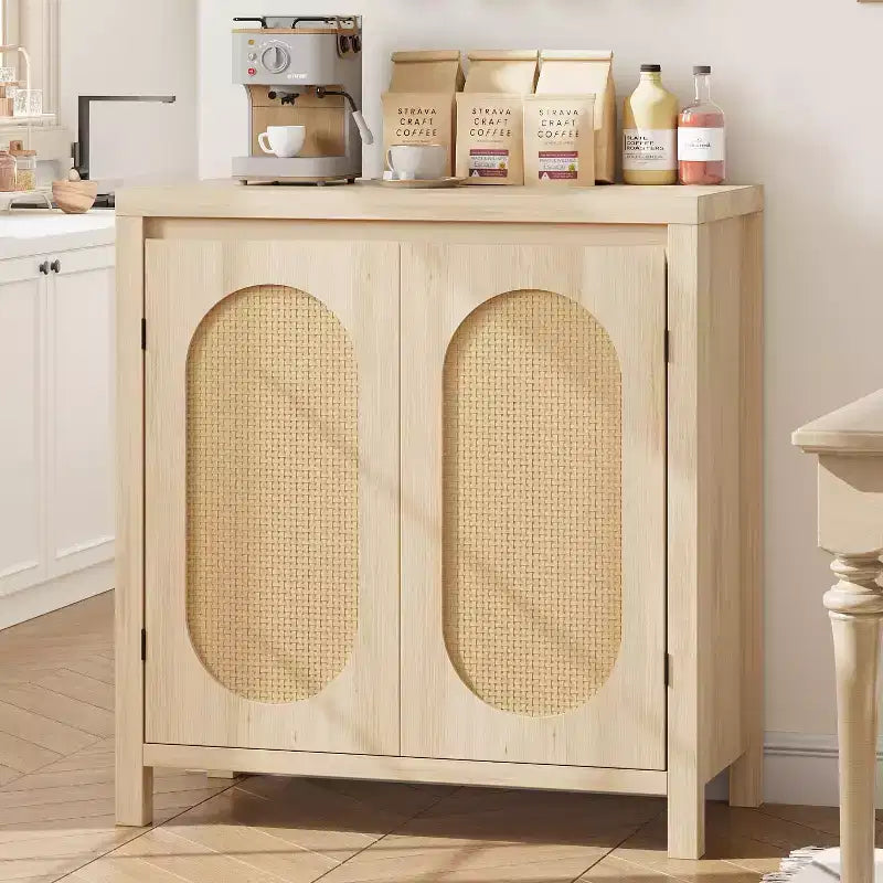 Buffet/Meuble de Rangement Couleur Bois avec Portes en Rotin et Étagère Réglable, Meuble d'Appoint pour Salon
