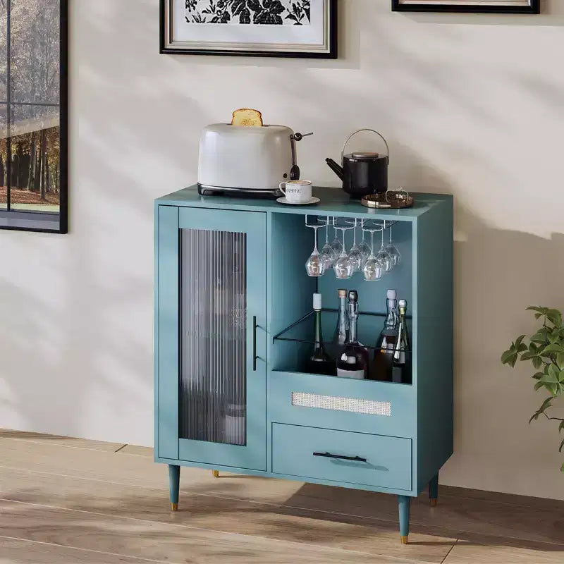 30.7 Meuble de Bar à Café avec Porte en Verre Trempé, Étagère à Verres à Vin à 3 Rangées, Rangement pour Bouteilles et Tiroirs, Buffet pour Salle à Manger et Cuisine