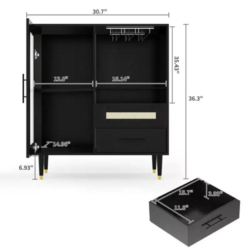 30.7 Meuble de Bar à Café avec Porte en Verre Trempé, Étagère à Verres à Vin à 3 Rangées, Rangement pour Bouteilles et Tiroirs, Buffet pour Salle à Manger et Cuisine