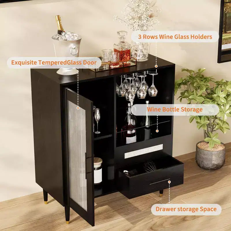30.7 Meuble de Bar à Café avec Porte en Verre Trempé, Étagère à Verres à Vin à 3 Rangées, Rangement pour Bouteilles et Tiroirs, Buffet pour Salle à Manger et Cuisine