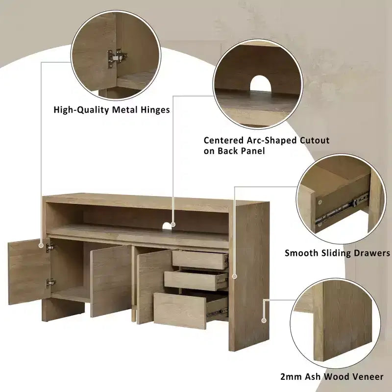 Meuble de cuisine 3 portes, buffet avec 3 tiroirs, étagère semi-ouverte, découpe centrale, armoire de rangement en placage de frêne massif pour salon, salle à manger