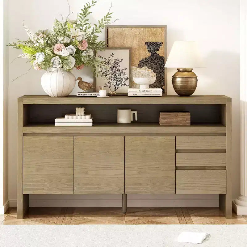 Meuble de cuisine 3 portes, buffet avec 3 tiroirs, étagère semi-ouverte, découpe centrale, armoire de rangement en placage de frêne massif pour salon, salle à manger