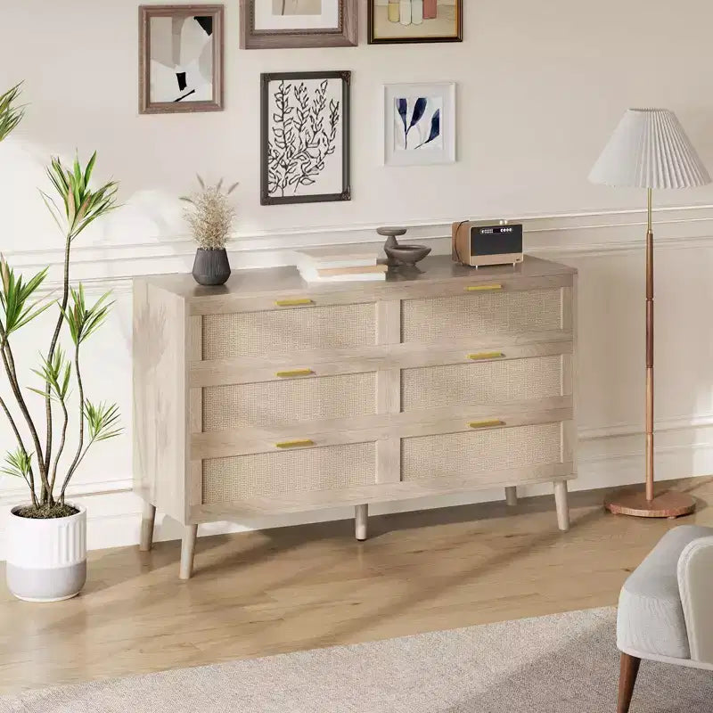Commode à 6 tiroirs pour chambre à coucher, commode en rotin naturel avec poignées en métal doré, commode de style ferme avec 5 pieds robustes pour salon, couloir