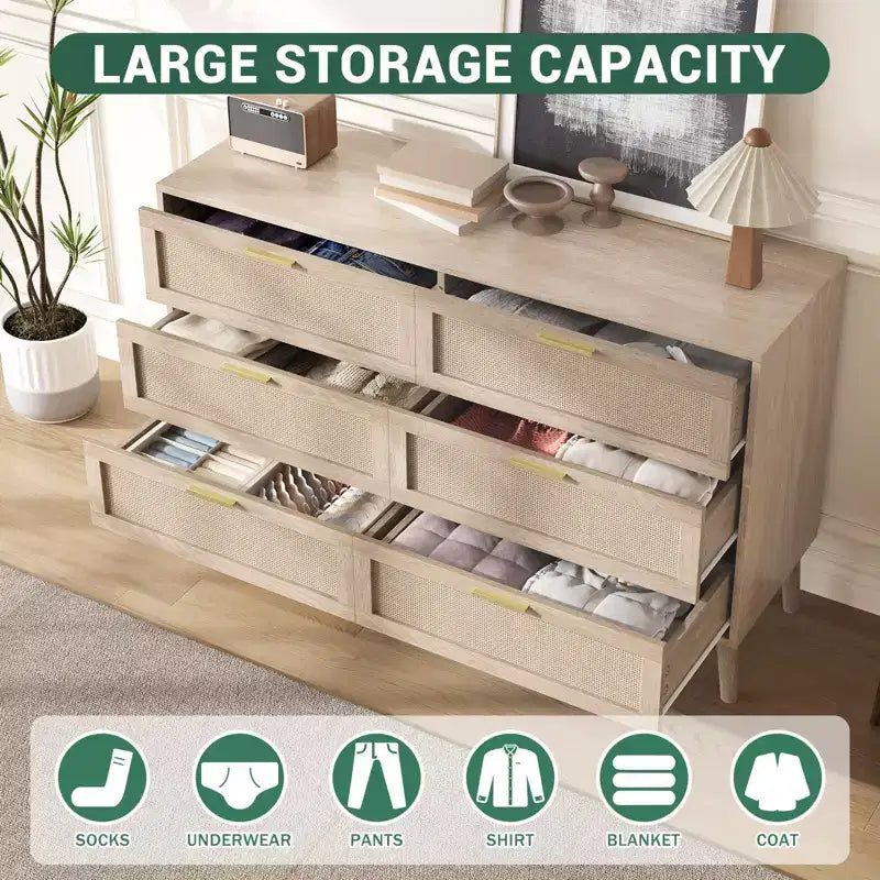 Commode à 6 tiroirs pour chambre à coucher, commode en rotin naturel avec poignées en métal doré, commode de style ferme avec 5 pieds robustes pour salon, couloir