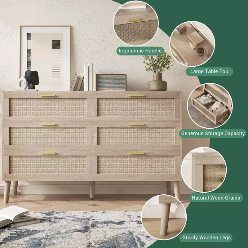 Commode à 6 tiroirs pour chambre à coucher, commode en rotin naturel avec poignées en métal doré, commode de style ferme avec 5 pieds robustes pour salon, couloir