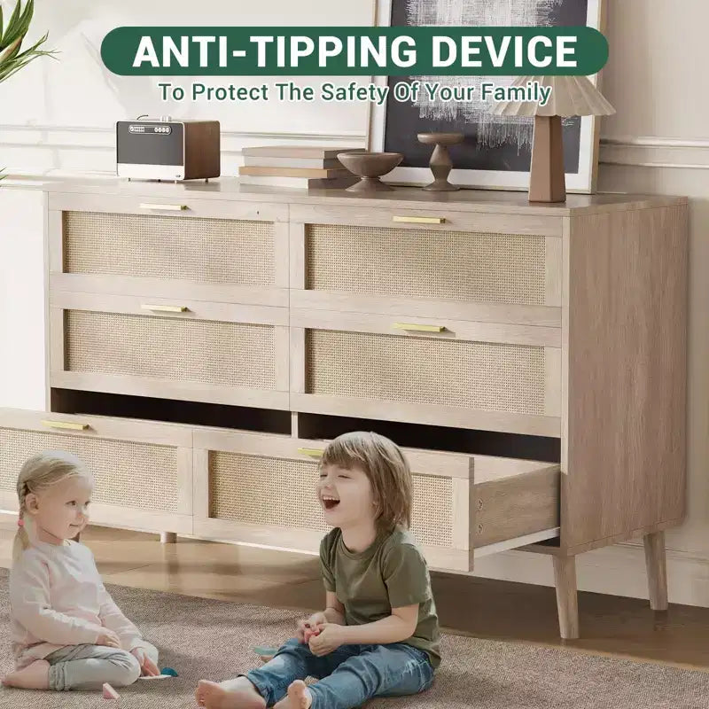 Commode à 6 tiroirs pour chambre à coucher, commode en rotin naturel avec poignées en métal doré, commode de style ferme avec 5 pieds robustes pour salon, couloir