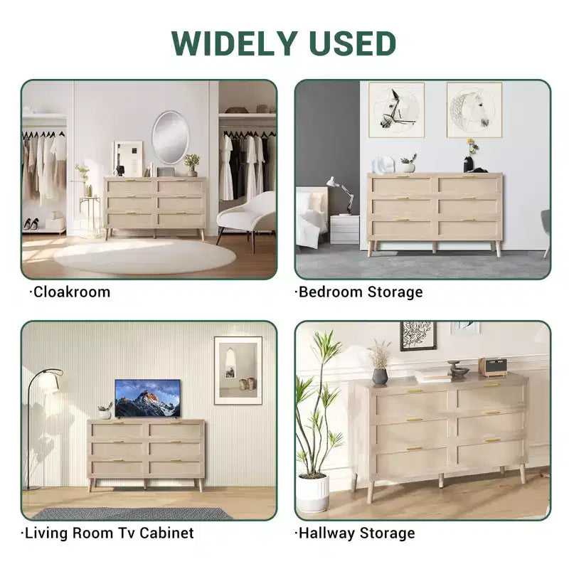 Commode à 6 tiroirs pour chambre à coucher, commode en rotin naturel avec poignées en métal doré, commode de style ferme avec 5 pieds robustes pour salon, couloir