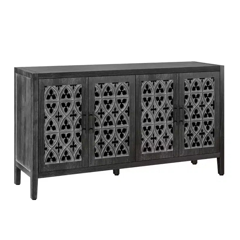 Bahut buffet de ferme vintage de 60 po, crédence en bois vieilli avec portes ajourées sculptées -