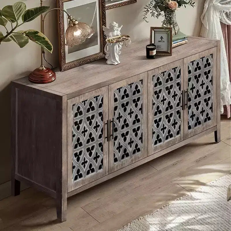 Bahut buffet de ferme vintage de 60 po, crédence en bois vieilli avec portes ajourées sculptées -