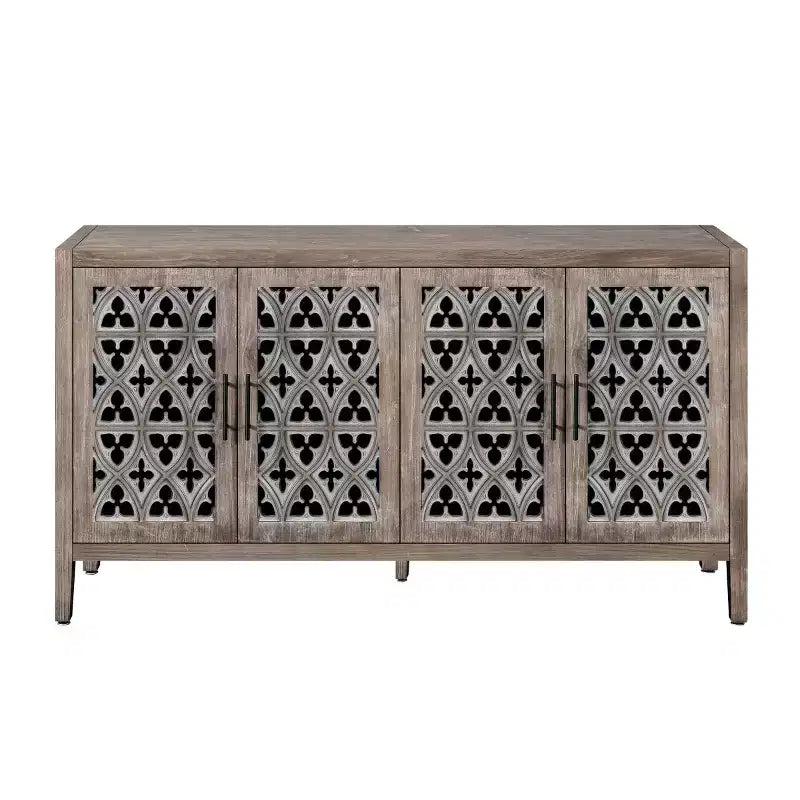 Bahut buffet de ferme vintage de 60 po, crédence en bois vieilli avec portes ajourées sculptées -