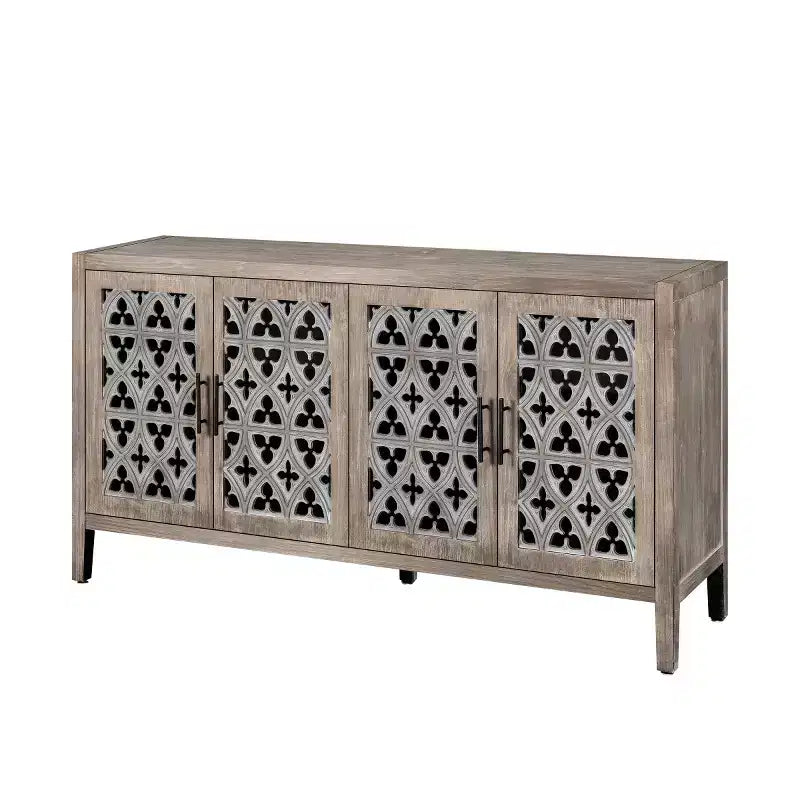 Bahut buffet de ferme vintage de 60 po, crédence en bois vieilli avec portes ajourées sculptées -