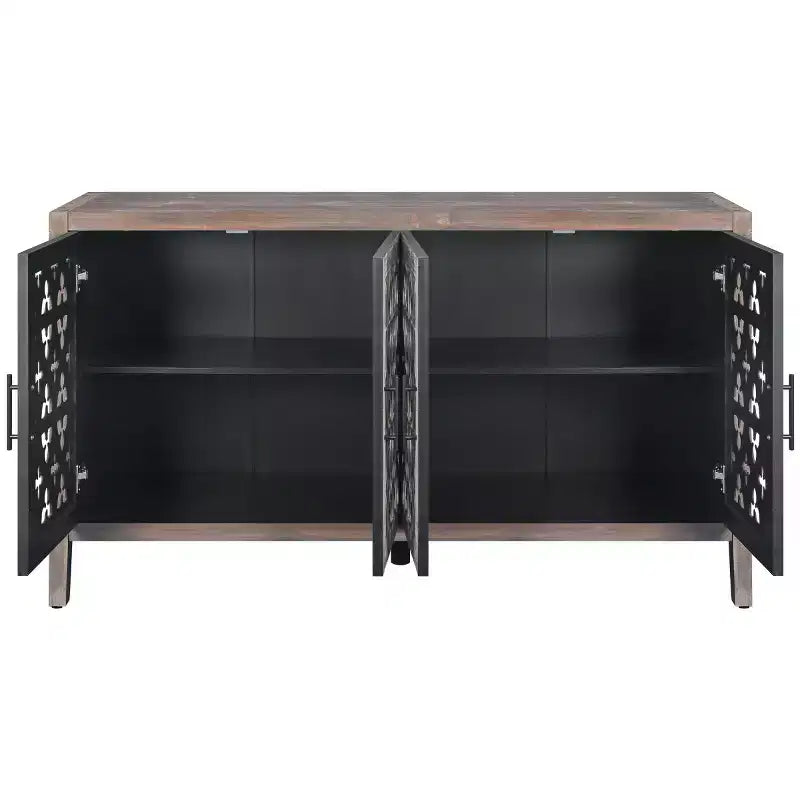 Bahut buffet de ferme vintage de 60 po, crédence en bois vieilli avec portes ajourées sculptées -