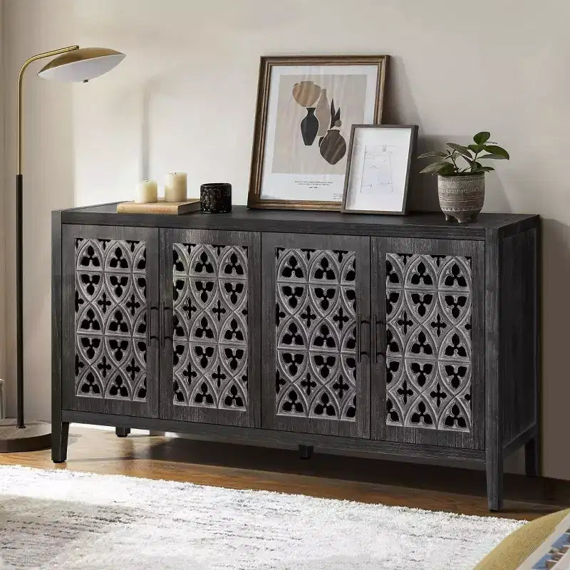 Bahut buffet de ferme vintage de 60 po, crédence en bois vieilli avec portes ajourées sculptées -