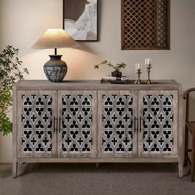Bahut buffet de ferme vintage de 60 po, crédence en bois vieilli avec portes ajourées sculptées -