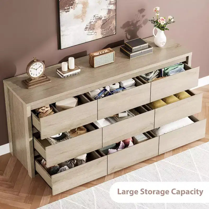 Commode 9 tiroirs pour chambre à coucher, grande commode moderne, organisateur de rangement en bois pour salon, couloir et entrée
