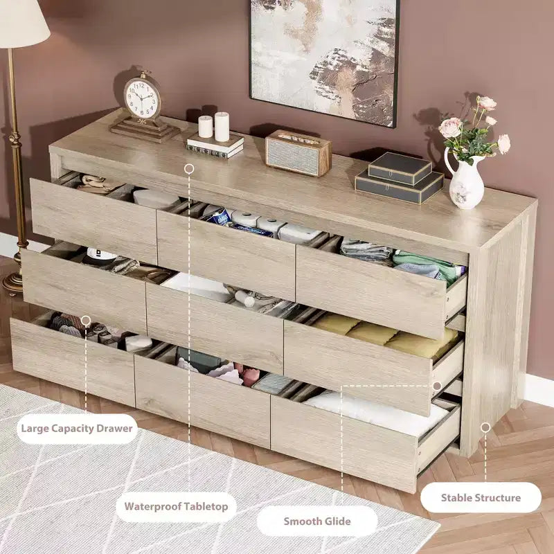 Commode 9 tiroirs pour chambre à coucher, grande commode moderne, organisateur de rangement en bois pour salon, couloir et entrée