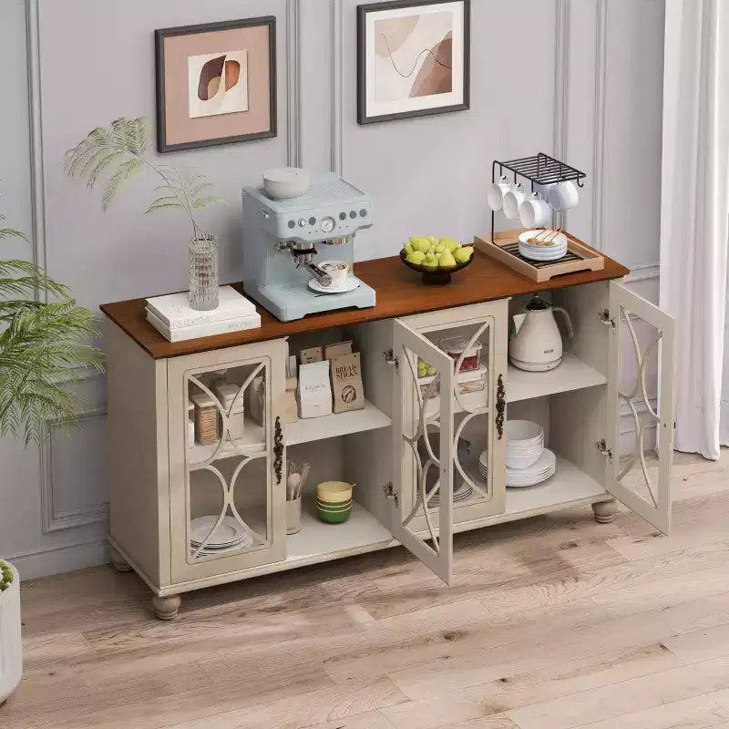 Buffet vaisselier, Vitrine 4 portes en verre trempé, 3 étagères réglables en hauteur, Meuble d'exposition sur pied pour la maison