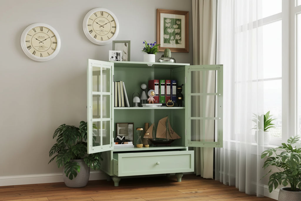 Meuble de rangement, Meuble bas en bois avec 1 tiroir et 2 portes vitrées, Buffet de style rustique avec rangement pour salon