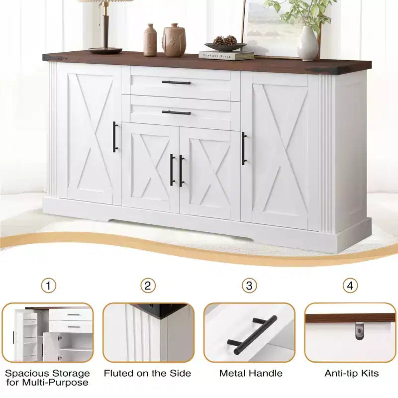 Buffet de 63 po avec 4 portes de grange et 2 tiroirs, buffet de rangement de style ferme avec étagères réglables, table de bar à café, console