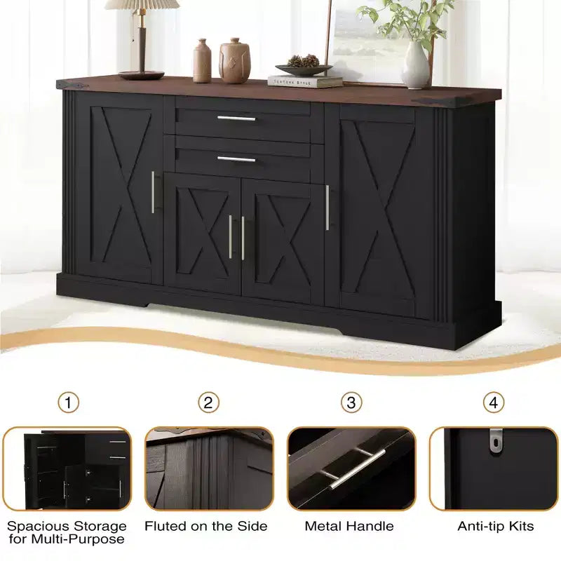 Buffet de 63 po avec 4 portes de grange et 2 tiroirs, buffet de rangement de style ferme avec étagères réglables, table de bar à café, console