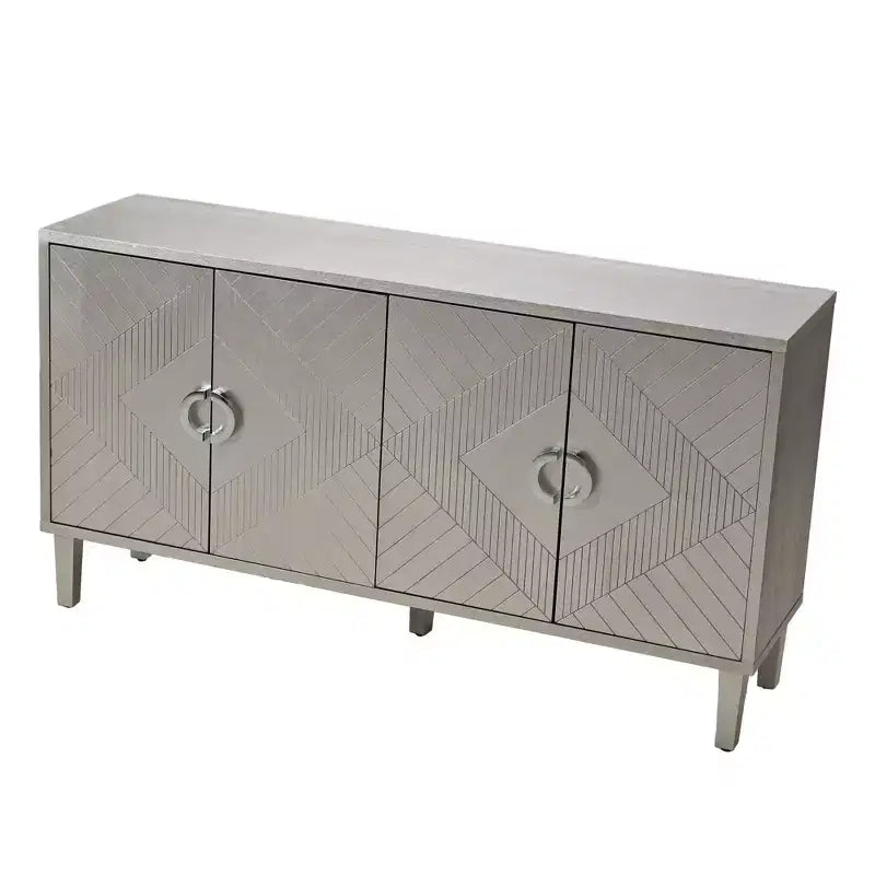 Buffet avec 4 portes à motifs linéaires sculptés, pieds en pin, poignées semi-circulaires en alliage de zinc, console de service pour salon