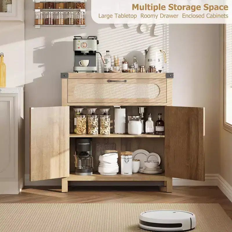 Buffet de ferme en rotin avec tiroir – Meuble de rangement et bar à café en bois de style bohème pour cuisine, salle à manger et couloir de salon